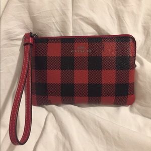 COACH Red and Black Buffalo Plaid Wristlet
